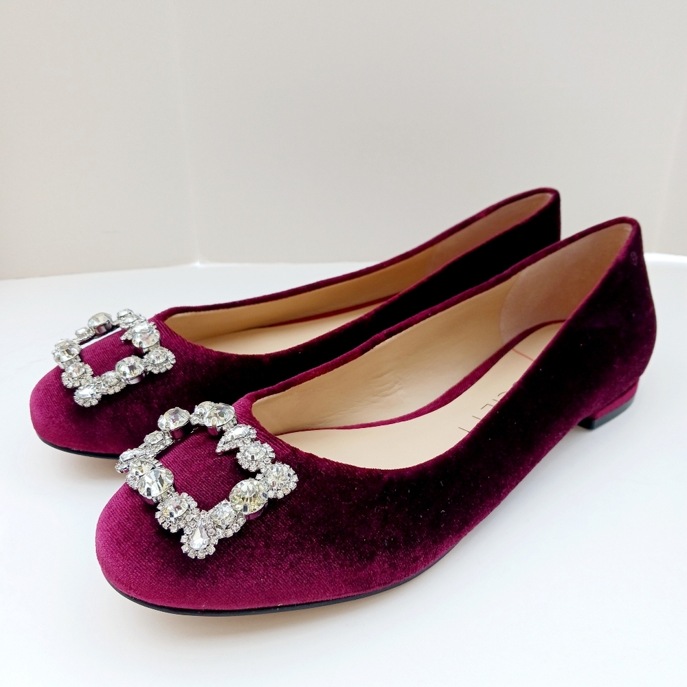 Burgundy Velvet Flats with Sparkling Decoration Plum Dressy Evening Shoes
